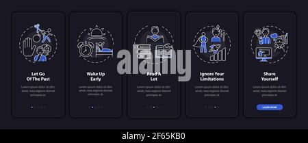 Self-development tips onboarding mobile app page screen with concepts Stock Vector