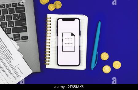 Document management concept, ERP background with workspace, business and office table with smartphone Stock Photo