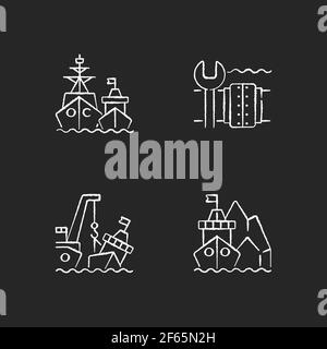 Maritime structures and regulation chalk white icons set on black background Stock Vector