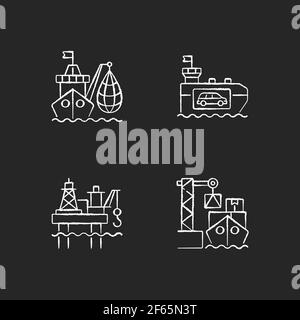 Marine industry sector chalk white icons set on black background Stock Vector