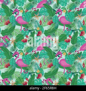 tropical vector pattern with palm leaves, monstera, flowers and flamingos. bright, juicy color pattern. Stock Vector