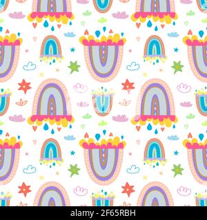 Boho collection of rainbows, clouds and stars. Stock Vector