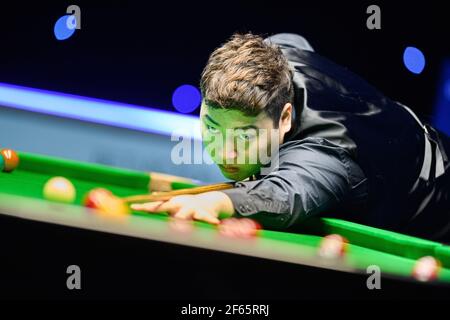 MILTON KEYNES, UNITED KINGDOM. 30th Mar, 2021. Yan Bingtao during 2021 Championship League Snooker- Day 1 matches at Marshall Arena on Tuesday, March 30, 2021 in MILTON KEYNES ENGLAND. Credit: Taka G Wu/Ģ����ý Live News Stock Photo