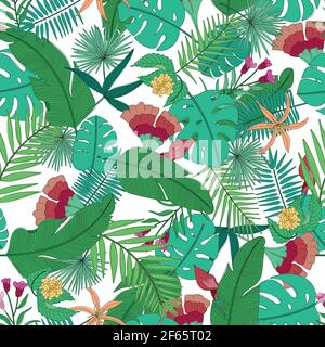 Vector seamless tropical leaves pattern, with palm leaves, monstera and flowers. Stock Vector