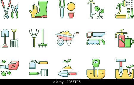 Gardening tools RGB color icons set Stock Vector