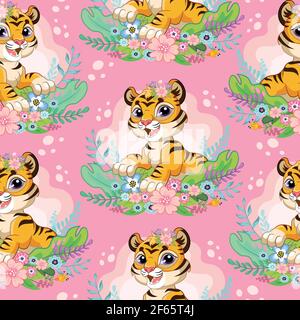 Seamless pattern with cute tigers and flowers on pink background. Vector illustration for party, print, baby shower, wallpaper, design, decor, linen, Stock Vector