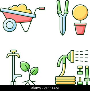 Garden accessories RGB color icons set Stock Vector