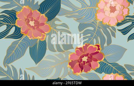 Floral seamless pattern with tropical leaves and flowers. Artistic drawn floral background in style of oriental chinese embroidery decor. Flourish orn Stock Vector