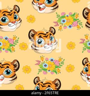 Seamless pattern with cute tigers heads and flowers on orange background. Vector illustration for party, print, baby shower, wallpaper, design, decor, Stock Vector