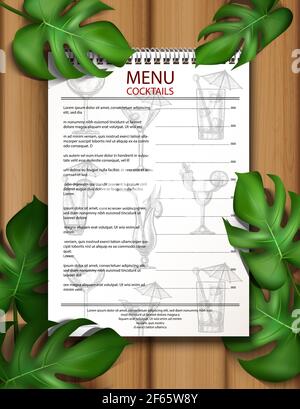 Vector tropical template of bar and restaurant drinks menu with hand drawn cocktails on wooden background with green leaves. Stock Vector