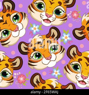 Seamless pattern with cute tigers heads and flowers on purple background. Vector illustration for party, print, baby shower, wallpaper, design, decor, Stock Vector