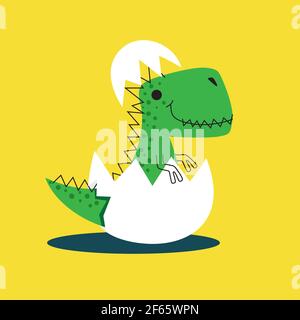 Cute dinosaur hatching from the egg. Dino drawn Stock Vector