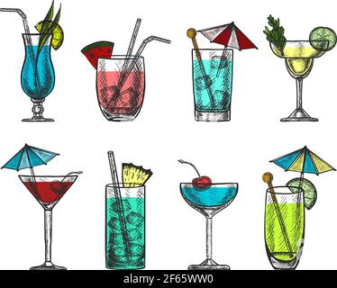 Vector hand drawn colorful cocktail collection. Isolated on white background. Stock Vector