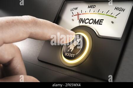 Finger pressing a button with space rocket symbol to boost income or increase revenue. Composite image between a hand photography and a 3D background. Stock Photo