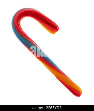 Candy cane with red yellow and blue stripes isolated on a white background. Stock Photo