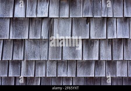 Cedar shingles which have shrunk and faded gray with age in the early morning light. Stock Photo
