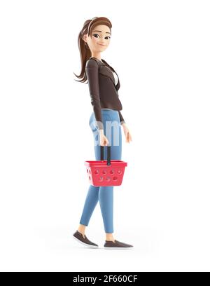 3d cartoon woman with shopping basket, illustration isolated on white background Stock Photo