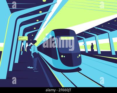 On a station platform. Vector illustration on the subject of train, tram, subway ride Stock Vector