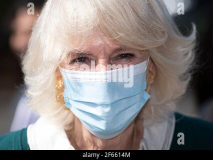 The Duchess of Cornwall wearing a mask during a visit to the Kamsons Pharmacy head office and warehouse in Uckfield, East Sussex, to thank frontline workers. Picture date: Tuesday March 30, 2021. Stock Photo