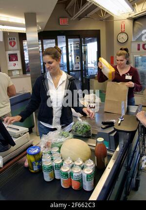 Checkout counter  at a large food co-op supermarket in Hanover, New Hampshire. Stock Photo