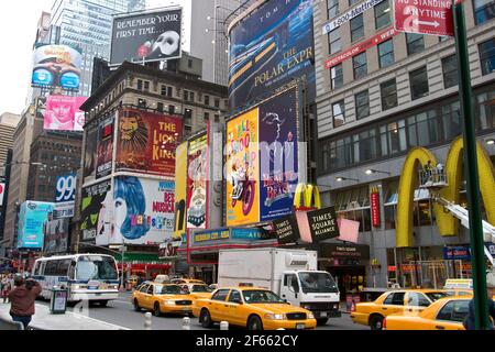 Traffic along 7th Avenue in Times Square, New York City. Stock Photo