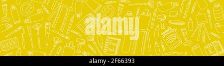Art supplies seamless pattern. Hand drawn tools for painters on yellow background. Vector illustration. Stock Vector