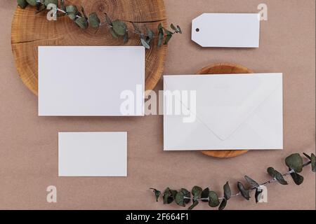 Natural materials and blank paper cards, top view. Stock Photo