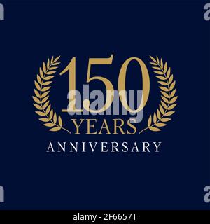 150 years old luxury logotype. Congratulating 150th numbers, heraldic gold color frame. Congrats concept. Celebrating tradition one, five and zero dig Stock Vector