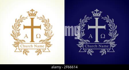 Church logotype. Luxury traditional isolated crucifixion template in circle. Crucifix framed in palms. Old vector round branches, ribbon sign with Gre Stock Vector