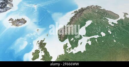 Physical map of Scandinavia, Northern Europe. Flattened satellite view of Planet Earth, its geography and topography - Elements furnished by NASA