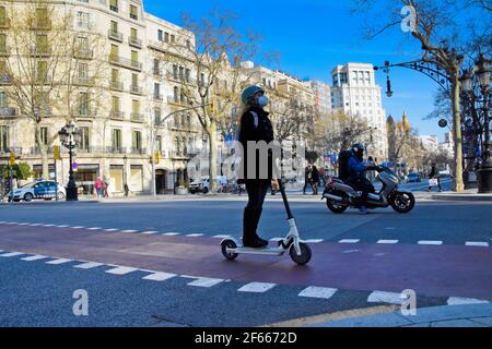 electric, scooter, woman, riding, street, city, urban, view, scene, cityscape, one, lane, barcelona, catalonia, spain, outdoor, buildings, silhouette Stock Photo