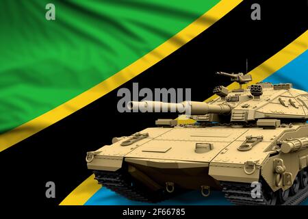 Heavy tank with fictional design on Tanzania flag background - modern tank army forces concept, military 3D Illustration Stock Photo