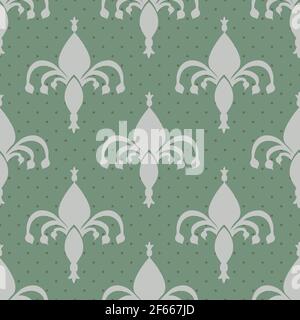 Fleur-de-lys vector seamless pattern background. Hand drawn silver ornamental shapes on sage green backdrop.Royal French lily symbol. Regal modern Stock Vector