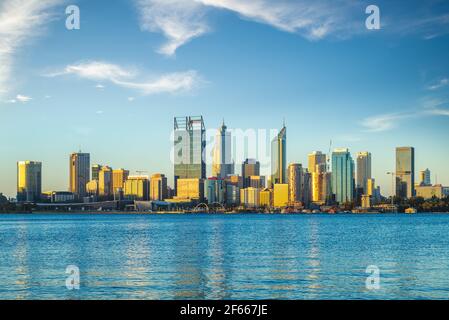 skyline of perth at dusk by swan river in western  australia Stock Photo