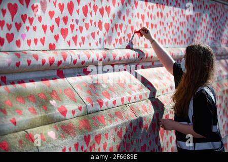 London, UK. 30th Mar, 2021. Hearts are drawn onto the Covid Memorial Wall on the South Bank, opposite the Houses of Parliament. The volunteers are drawing one heart for each of the 145,000 people who have died so far from the Coronavirus in the UK. Credit: Mark Thomas/Alamy Live News