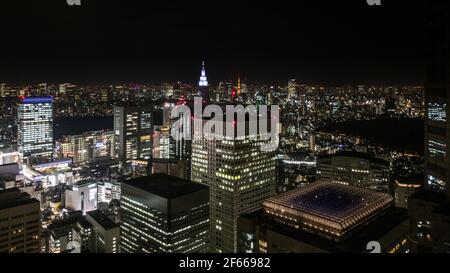 Shinjuku, Tokyo, Japan - Night aerial view taken from Tokyo Government Building observatory. Stock Photo
