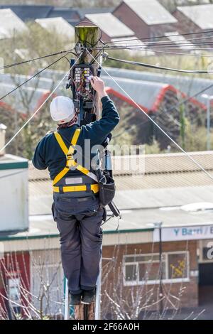 A telephone engineer standing on a ladder working at the top of a telegraph pole. It's a sunny day and beyond him rooftops recede into the distance. Stock Photo