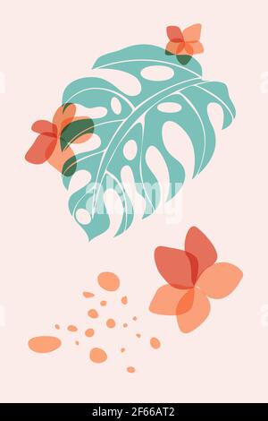 Hand drawn abstract wall art, vector minimal boho painting style, botanical images of tropical leaf monstera, flowers, transparent spots in blue Stock Vector