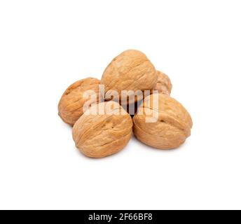 group of dried walnuts on white background Stock Photo