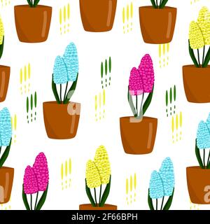 Seamless floral pattern with hyacinths, cute spring print, flowers in pots, vector illustration in cartoon style Stock Vector