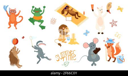 Playing summer animals cartoon set with sand castle, swimming ring and ball. Mascot characters on vacation vector illustration isolated on white. Stock Vector