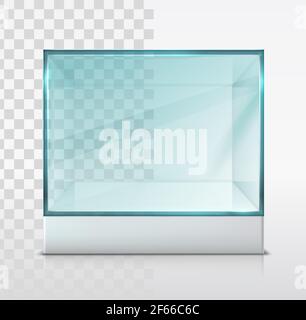 Vector 3d realistic glass box, cube for presentation on white stand. Isolated, transparent and white background. Stock Vector