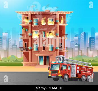 Vector cartoon style illustration of building on fire with fire brigade car in front to rescue. On city skyscrapers background. Stock Vector