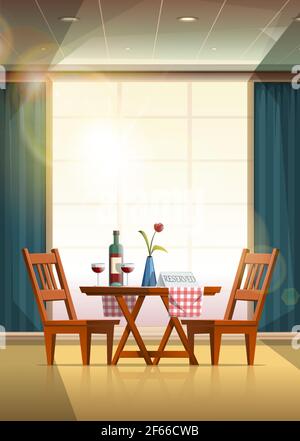 Vector cartoon style restaurant romantic table with wine and reserved sign. Stock Vector