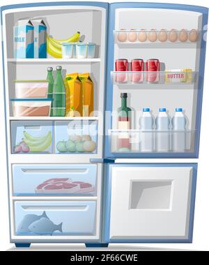 Vector cartoon style closed and open refrigerator with shelves. Isolated on white background. Stock Vector