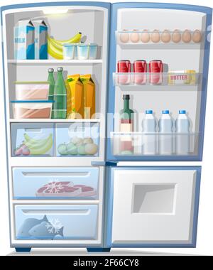 Vector cartoon style fridge with food inside: frozen meat and fish, bottles of water and juice, eggs etc. Isolated on white background. Stock Vector