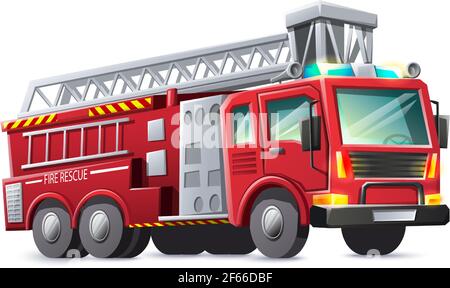 Vector cartoon style fire rescues red truck, isolated on white background. Stock Vector