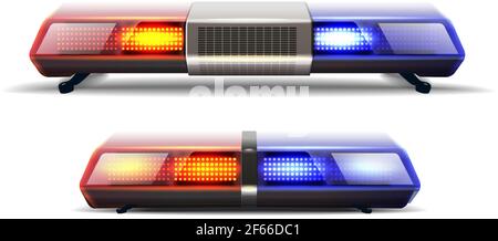 3d realistic vector set of two police car top lights in red and blue. Isolated on white background. Stock Vector