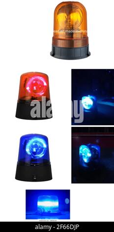 3d realistic vector red and blue police car top light glowing on white background. Stock Vector