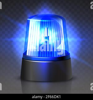 3d realistic vector blue police car top light glowing in the dark on black background. Stock Vector